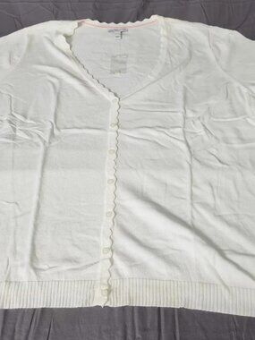 Isaac Mizrahi Live Womens Plus 5X White Cardigan Sweater Short Sleeve Scalloped
